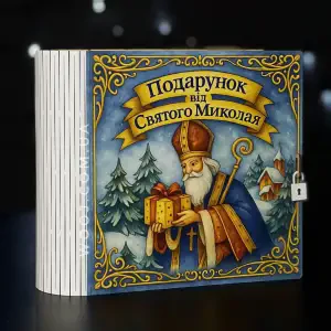 Коробка у формі книжки з принтом "Подарунок від Св.Миколая", білий, 20х24х7см