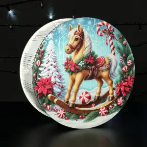 Бокс круглий "Новорічний коник-гойдалка", білий 25х25х9 см