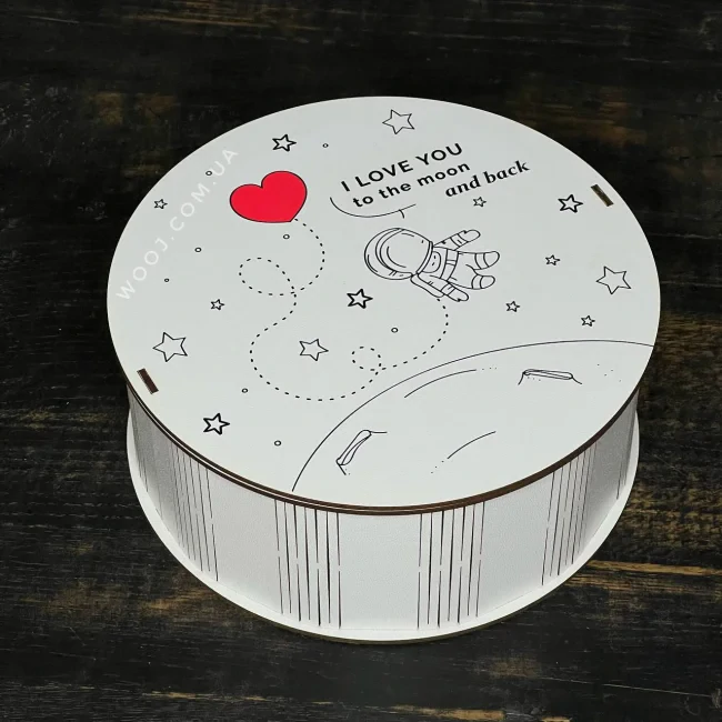 Бокс круглий, білий "I love you to the moon and back" 30х30х10 см