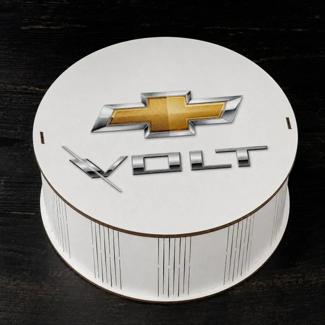 Круглий бокс з принтом "Chevrolet Volt ",білий, 21х21х8 см