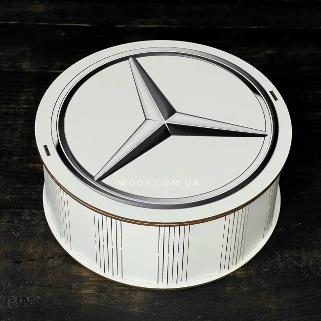 Круглий бокс з принтом "Mercedes",білий, 25х25х9 см