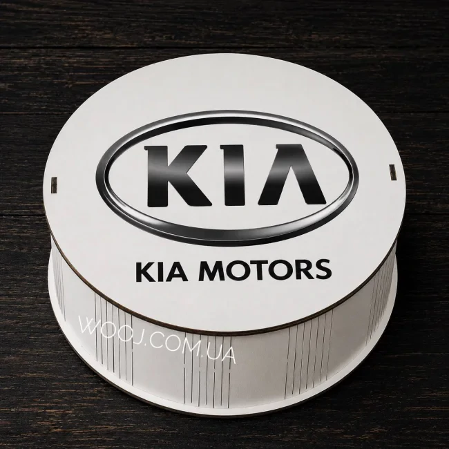 Круглий бокс з принтом "KIA",білий, 21х21х8 см