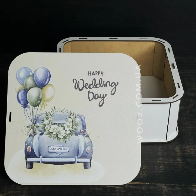 Бокс прямокутний з дизайном "Happy wedding day" 20х20х8 см-0