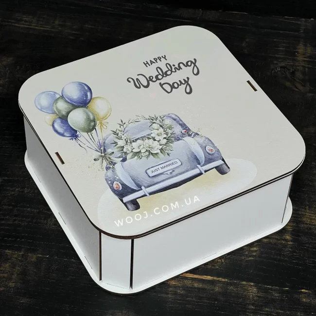 Бокс прямокутний з дизайном "Happy wedding day" 20х20х8 см